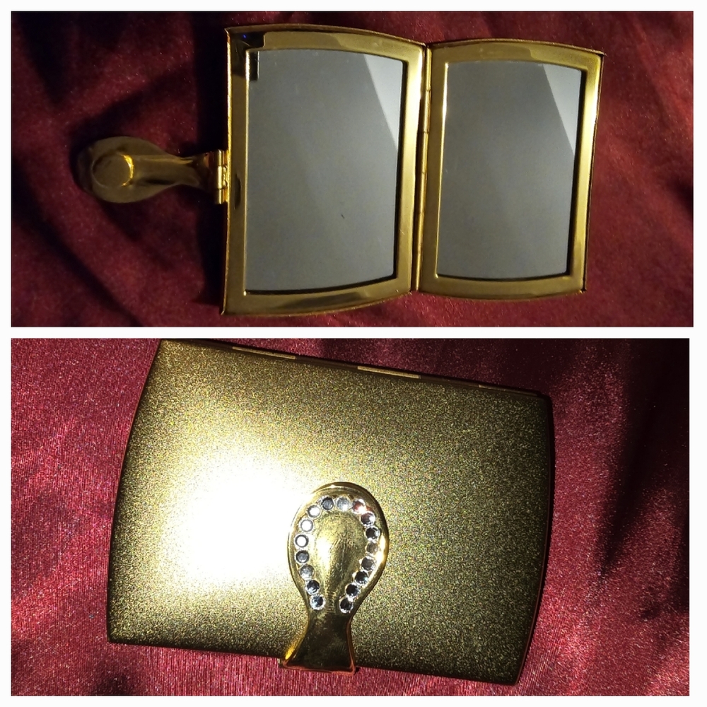 Vintage Gold Tone Dual Purse Mirror Compact with Jewel Accents